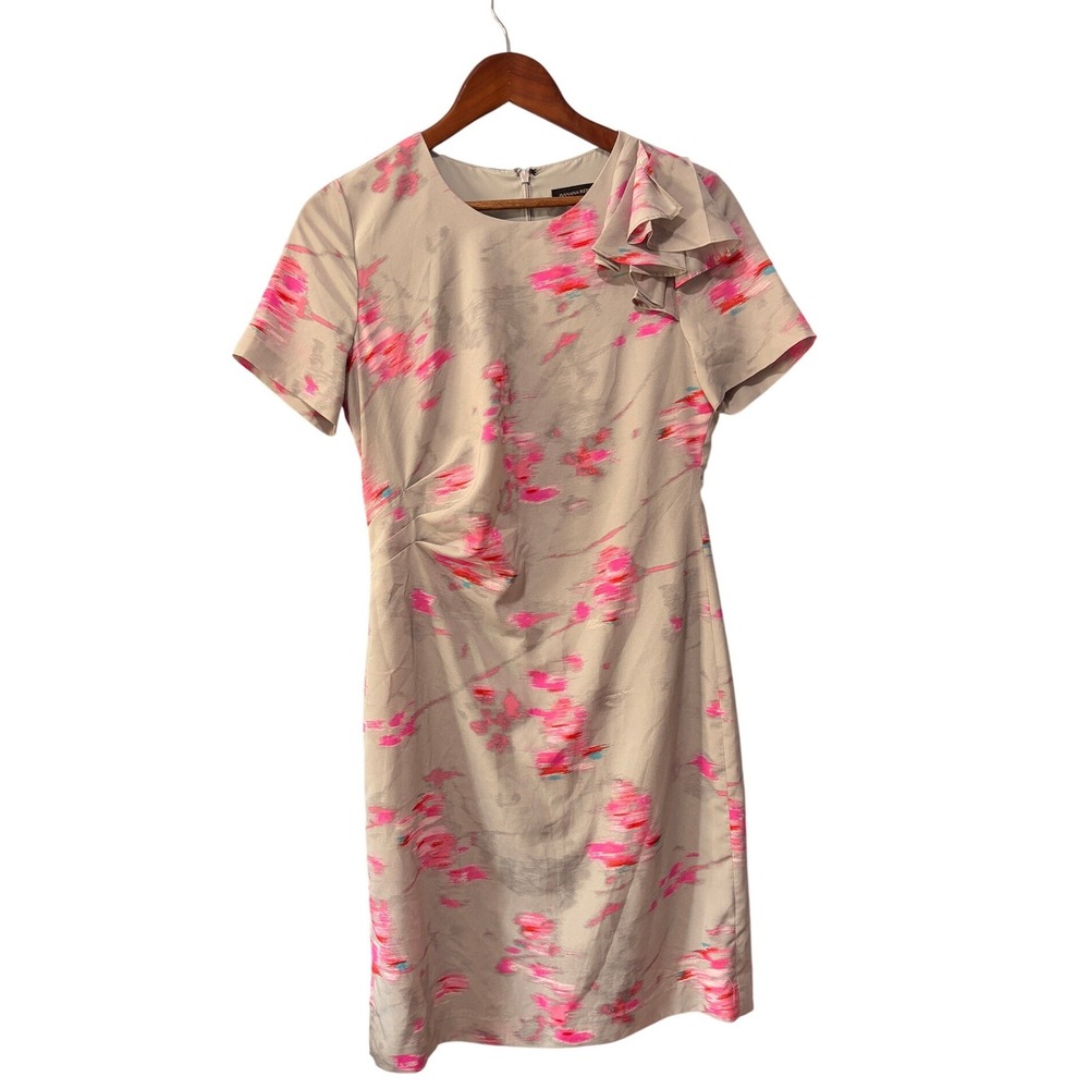 Banana Republic Grey Pink Abstract Floral Ruffle Sheath Dress Size 8 Short Sleev